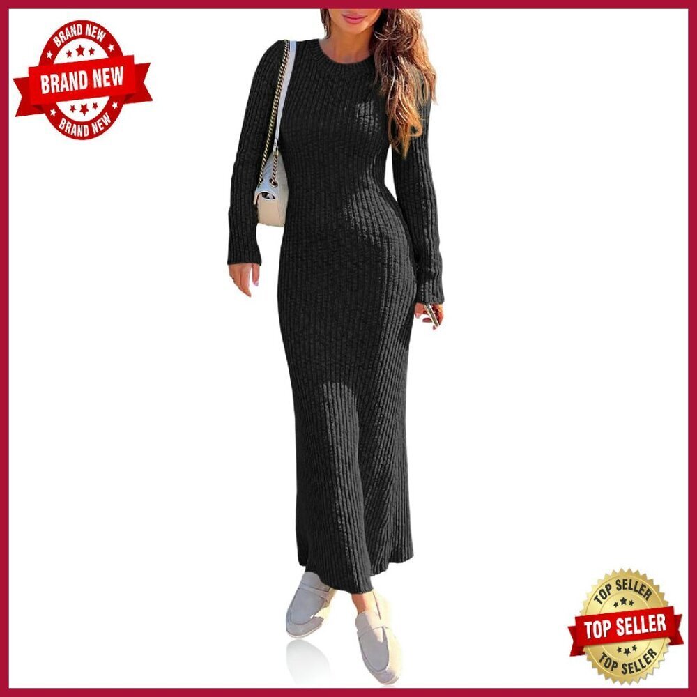 Long Sleeve Maxi Sweater Dress Ribbed Knit Slim Fit Fall Casual